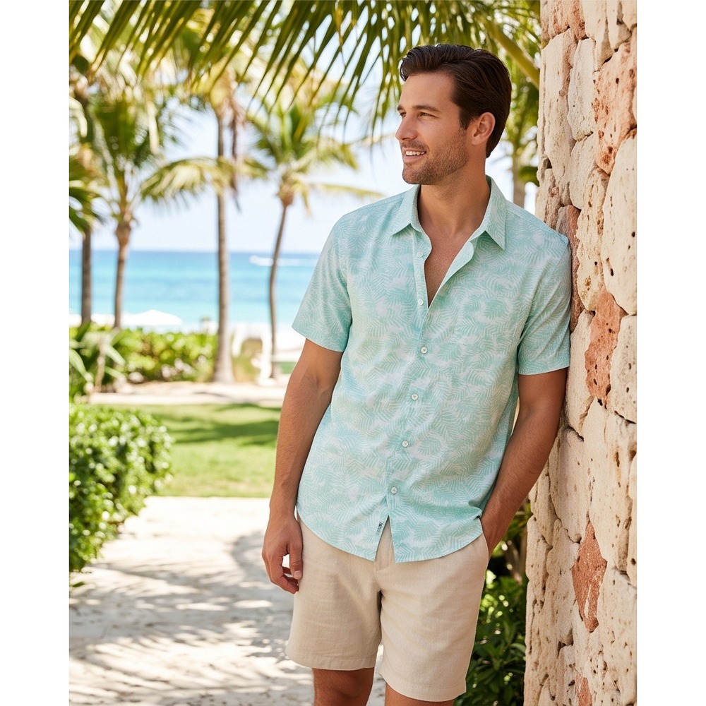 Hang Ten Mens XXL Short Sleeve Button Down Shirt Pastel Mint Green Palm Leaf